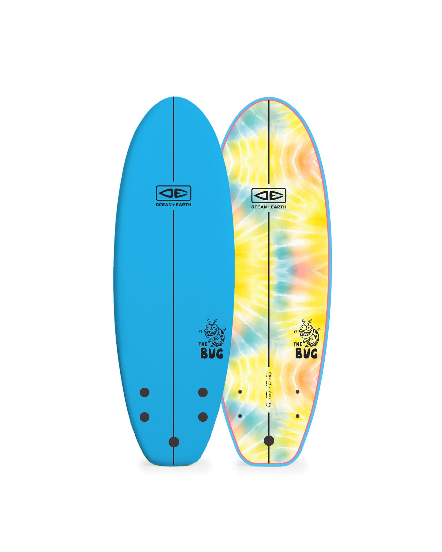 Two surfboards, one blue and one tie-dye, on a white background