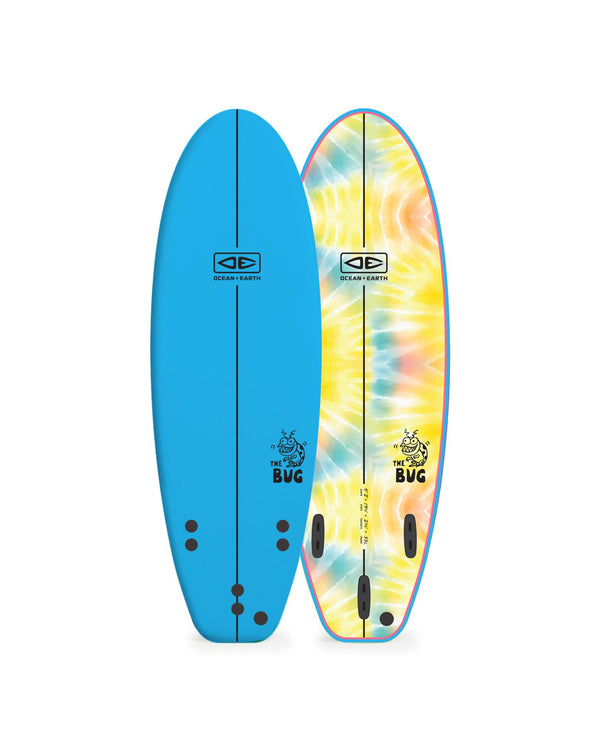 Two surfboards, one blue and one tie-dye, on a white background