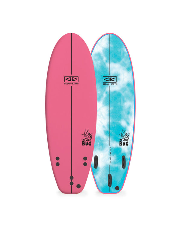 Two surfboards, one pink and one blue tie-dye, on a white background.