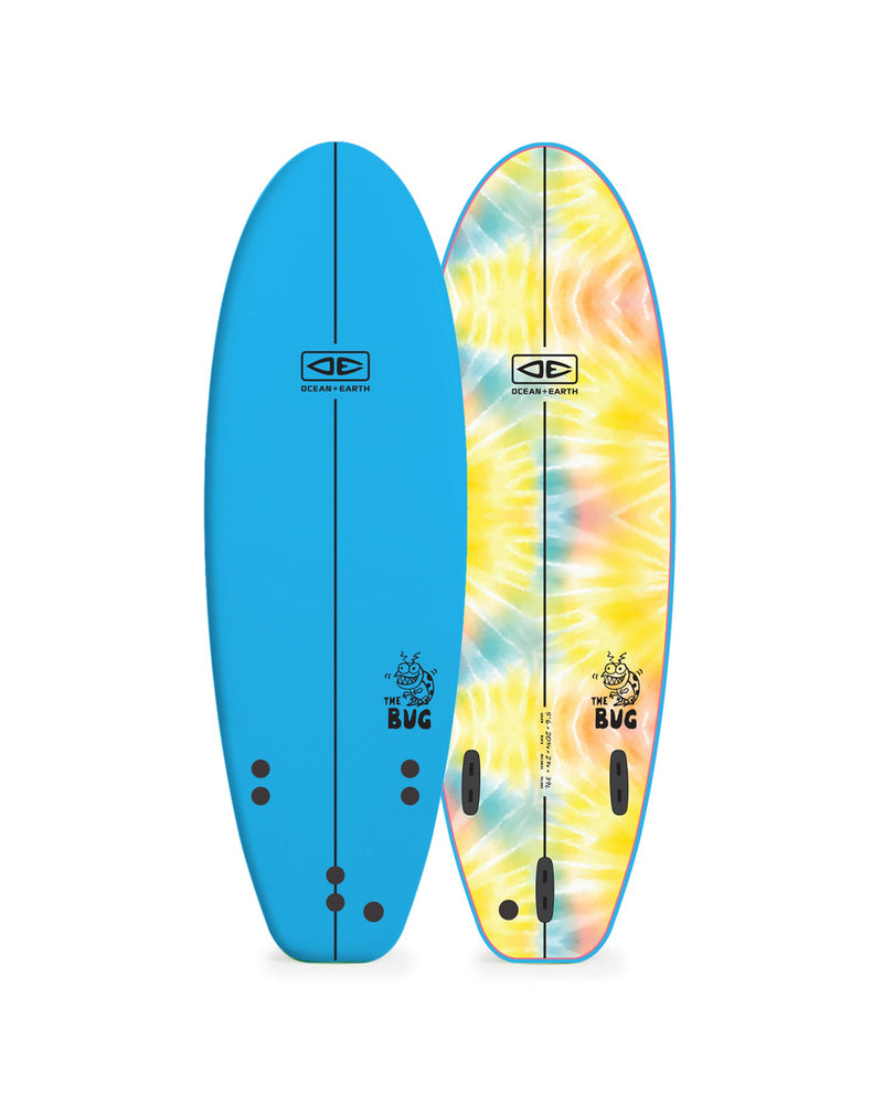 Two surfboards, one blue and one tie-dye, on a white background
