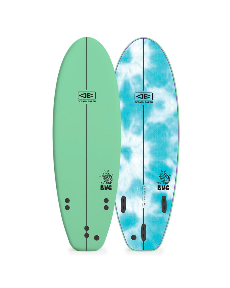 Two surfboards, one green and one tie-dye, on a white background