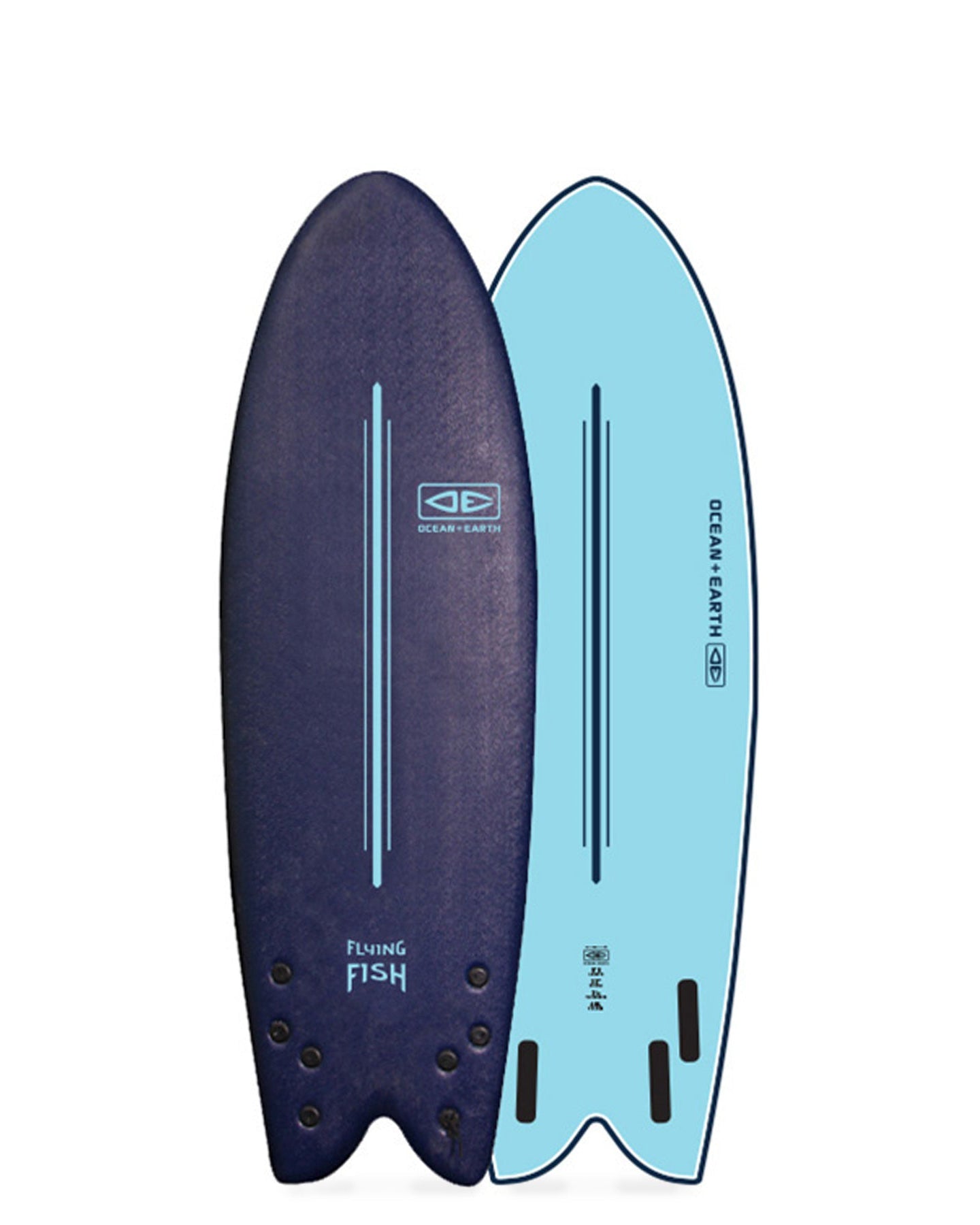 Ocean & Earth Flying Fish softboard with twin fish tail in navy and blue.