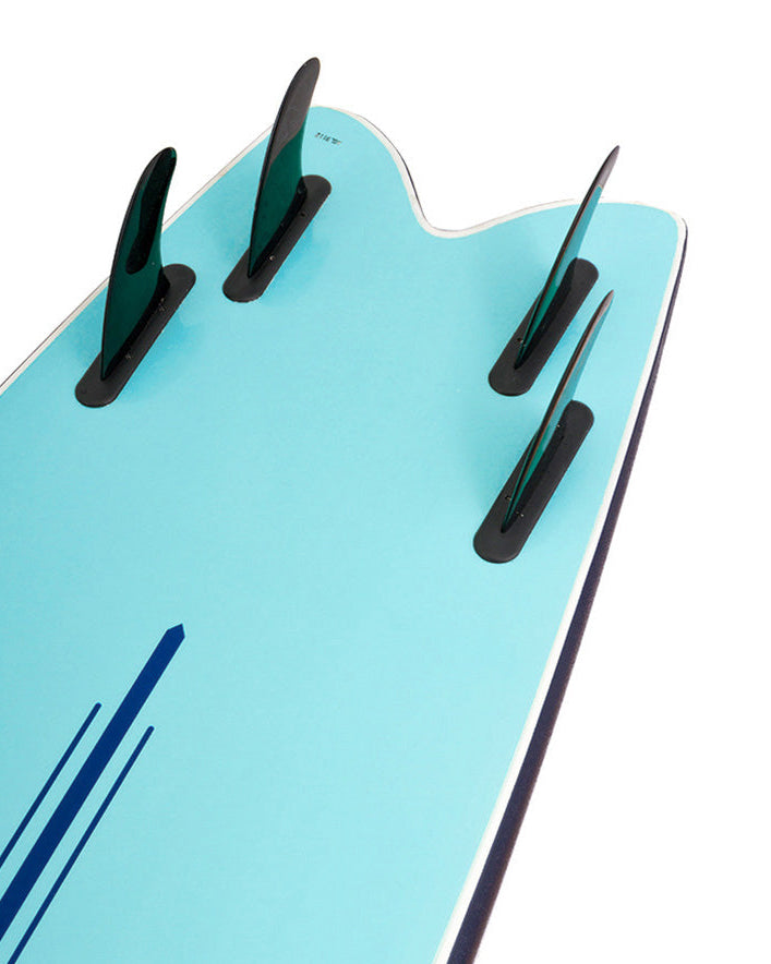 Bottom detail of Flying Fish softboard with quad fin setup.