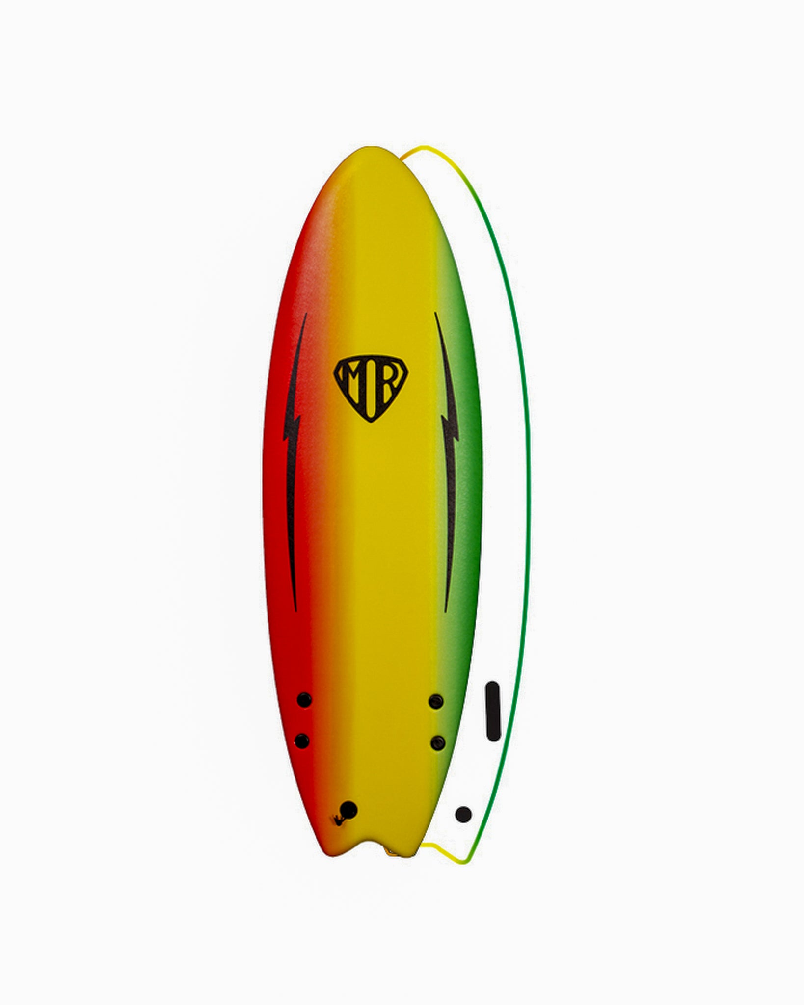 Red, yellow and green MR softboard with black bolts, twin fin setup and swallow tail design.