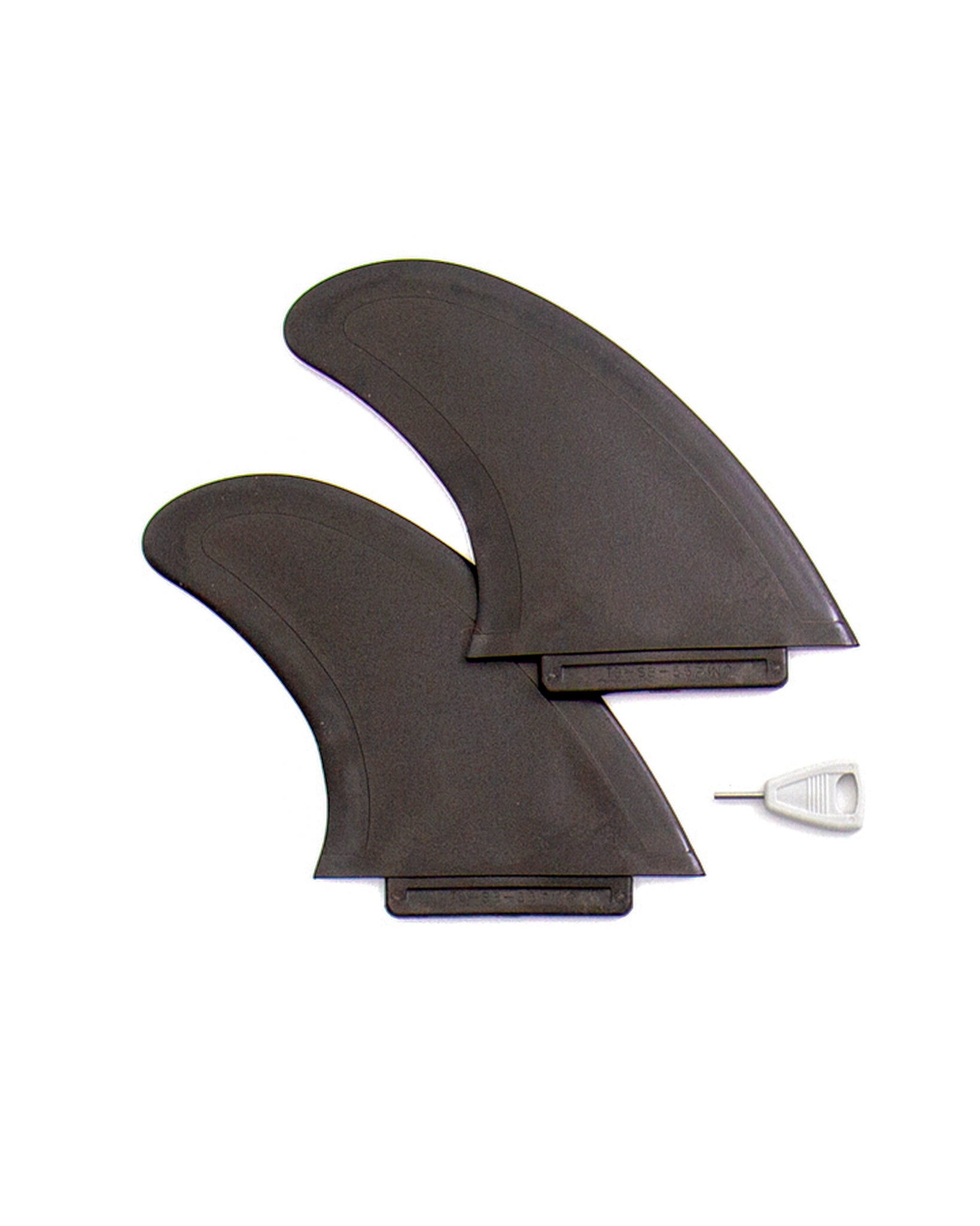 Pair of black surfboard fins with flat tab base, shown with included fin key for installation.