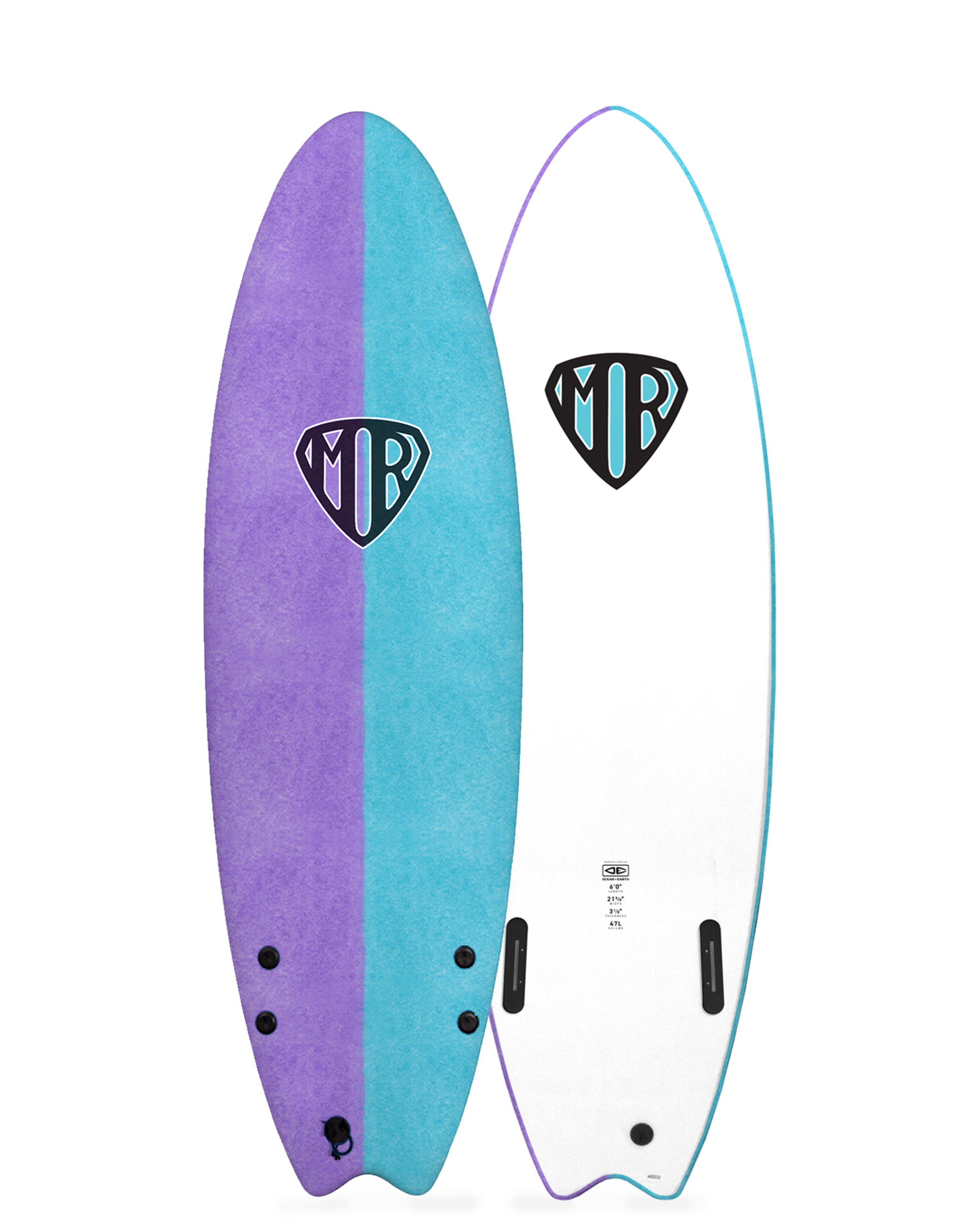 Purple and blue split-deck MR softboard with white bottom and twin fin layout.
