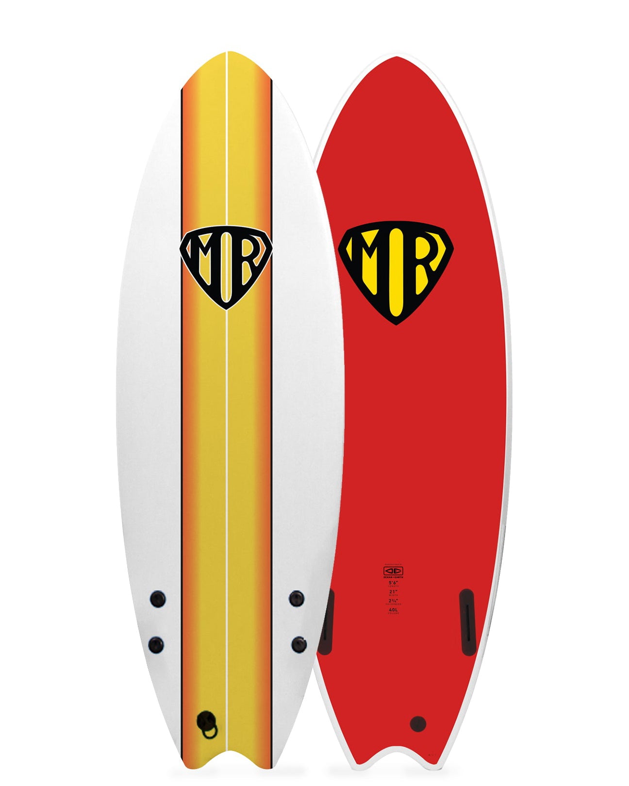 MR softboard with yellow centre stripe, white rails, red underside, and twin fin setup.