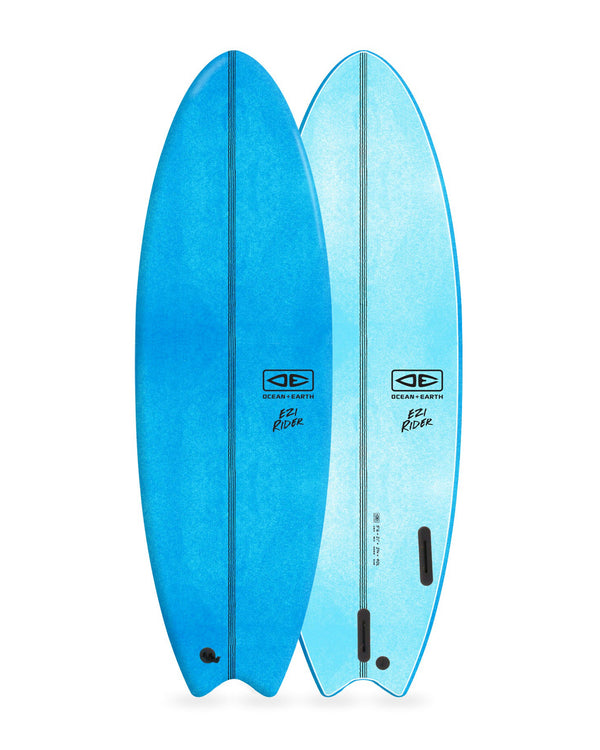 Two blue surfboards side by side on a white background