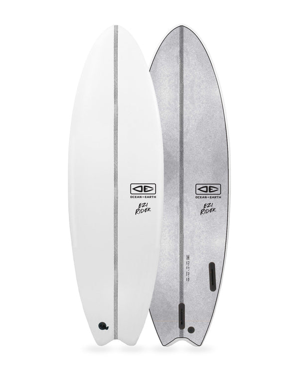 Two surfboards side by side on a white background with branding visible.