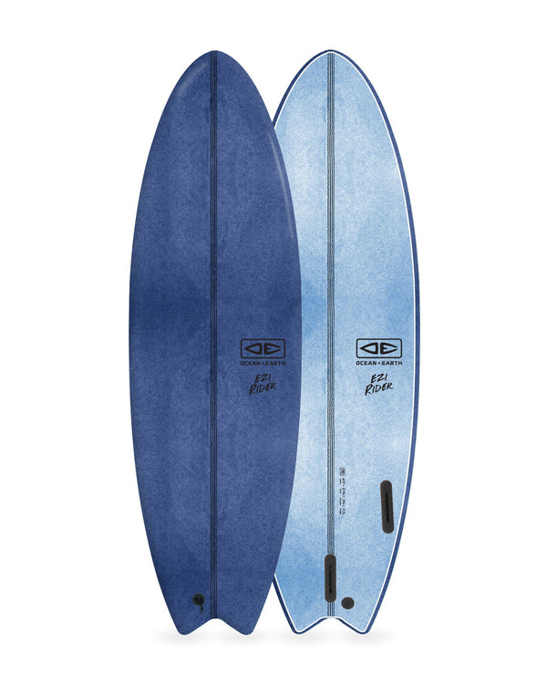 Two blue surfboards with a gradient effect on a white background
