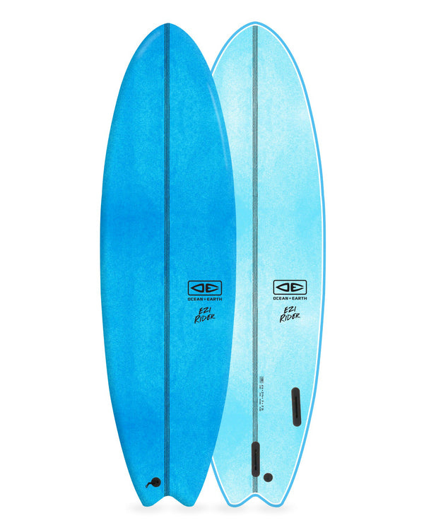 Two blue surfboards side by side on a white background
