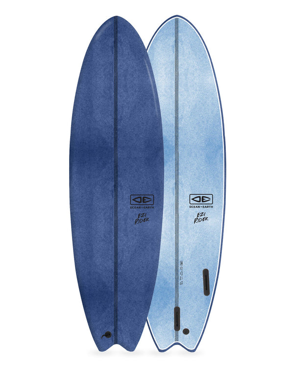 Two blue surfboards with a gradient effect on a white background