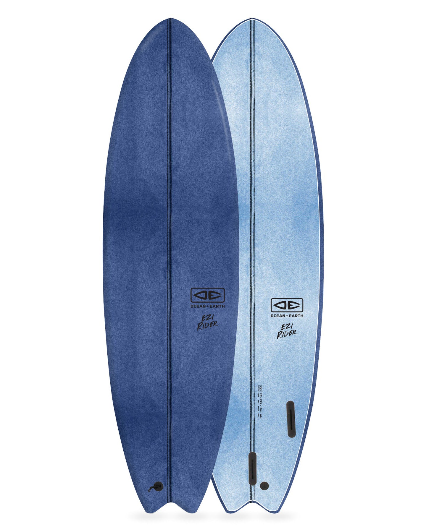 Blue surfboard with a gradient design on a white background