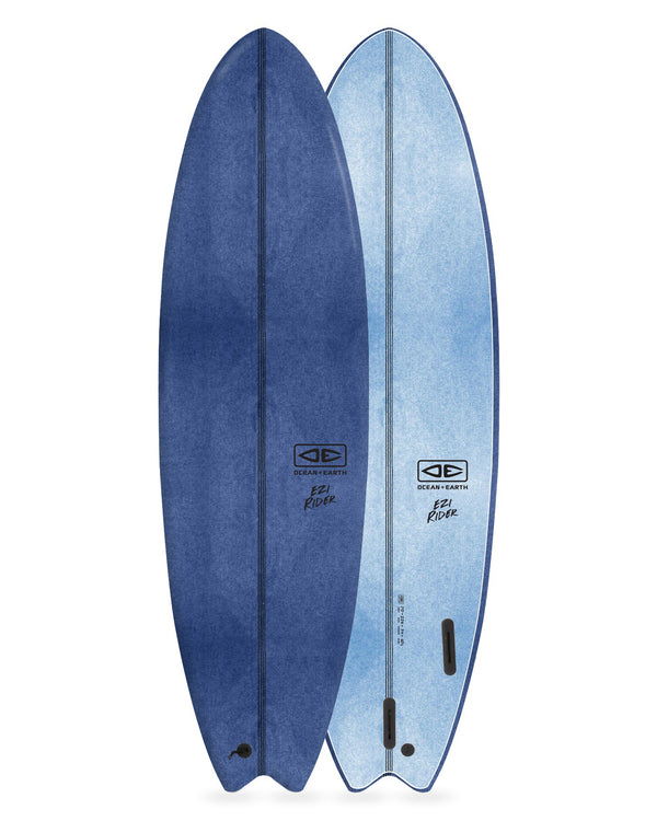 Blue surfboard with a gradient design on a white background
