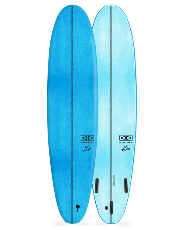 Ocean & Earth Ezi Rider surfboard in aqua and light blue with soft deck and tri fin setup