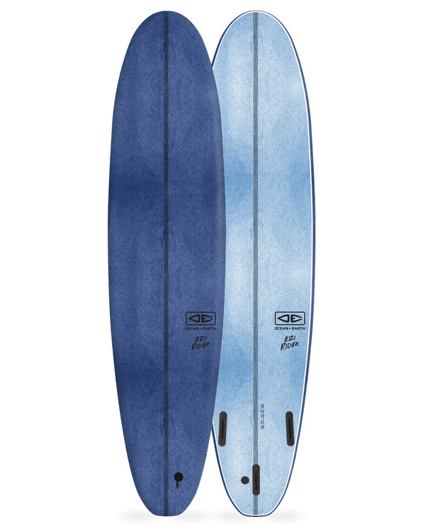 Ocean & Earth Ezi Rider surfboard in navy and sky blue with centre stringer and three fin boxes