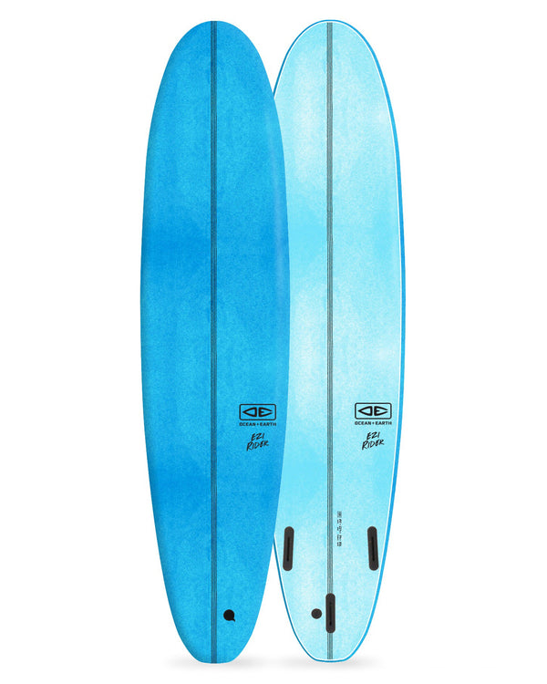 Two blue surfboards with a brand logo on a white background
