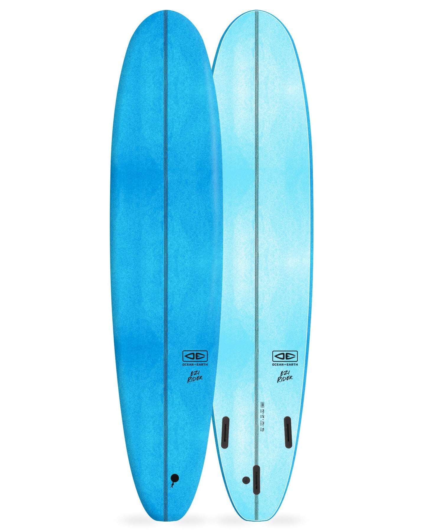 Two blue surfboards with a gradient effect on a white background