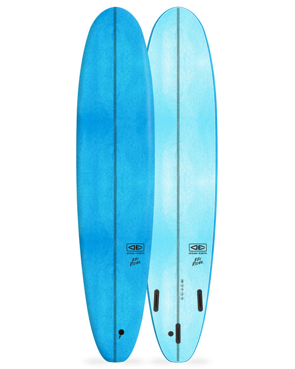 Two blue surfboards with a gradient effect on a white background