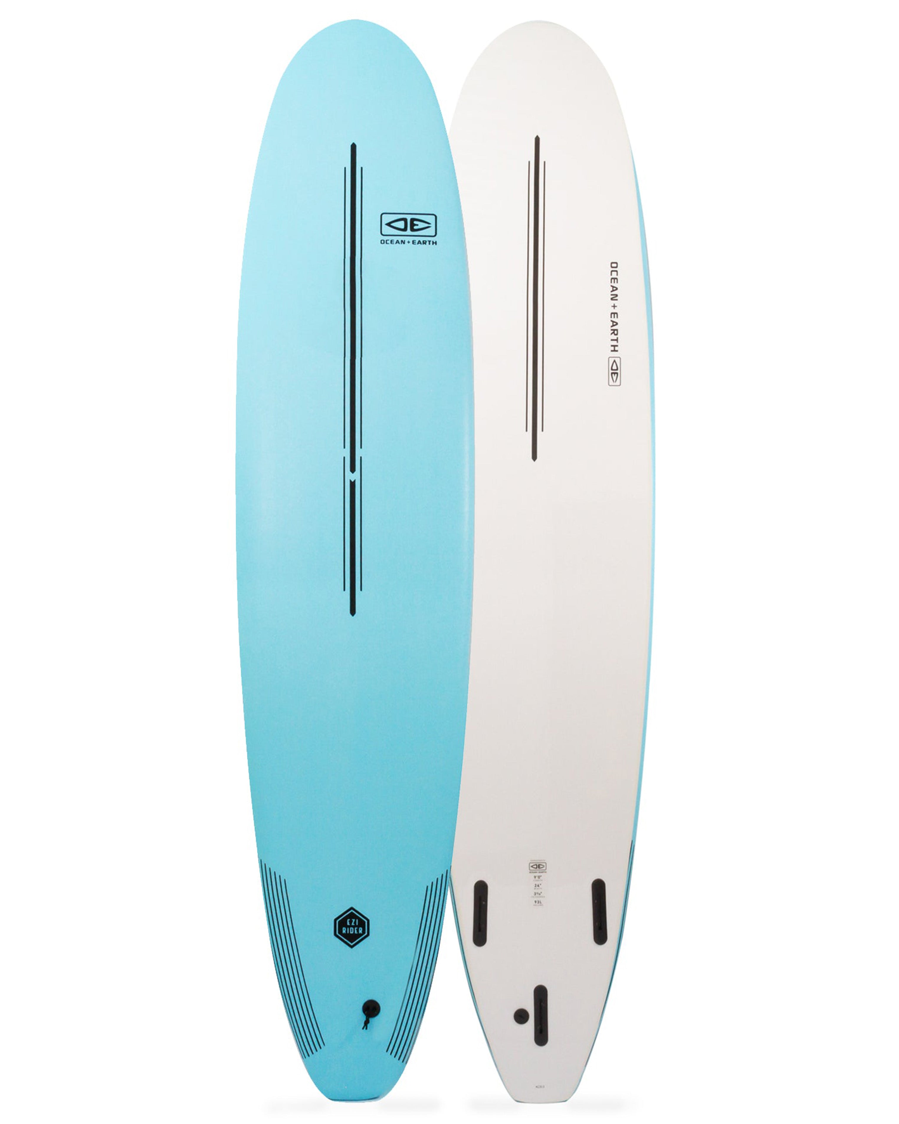 Two surfboards, one blue and one white, side by side on a white background.