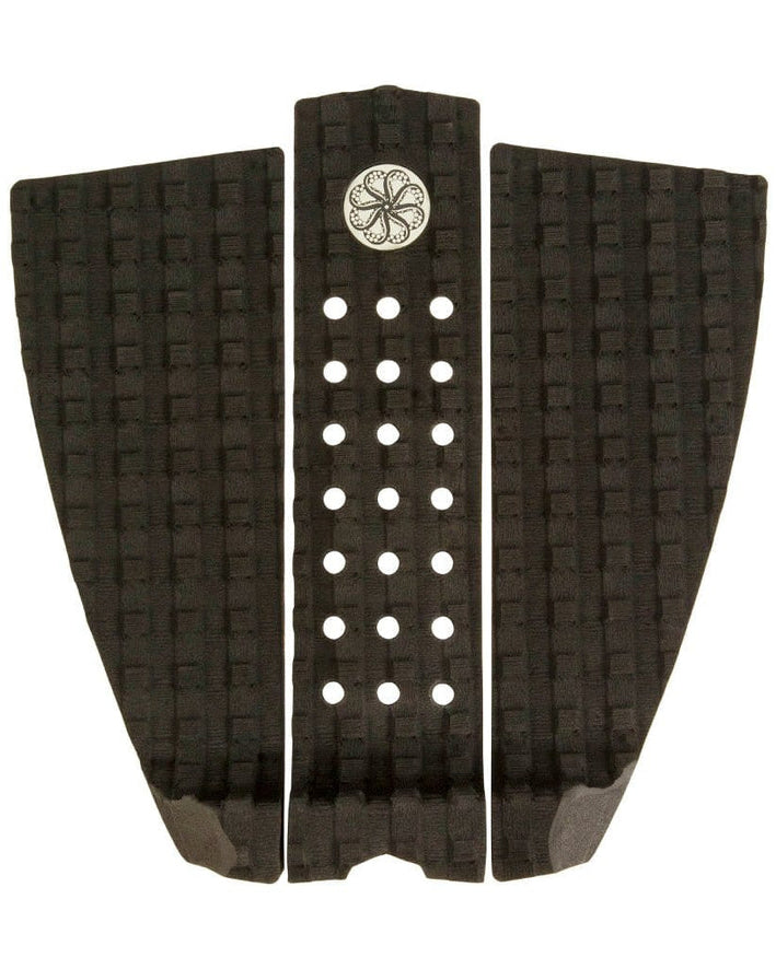 Black 3-piece surfboard tail pad with waffle texture, perforated centre and white traction logo
