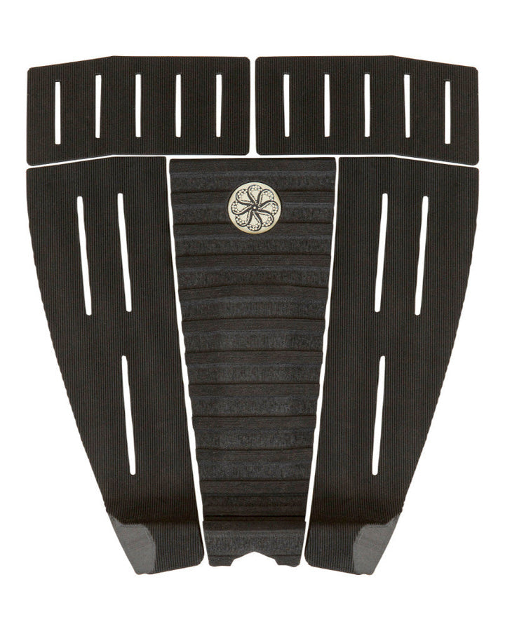 Black 5-piece surfboard tail pad with arch bar, horizontal grooves and slotted grip panels