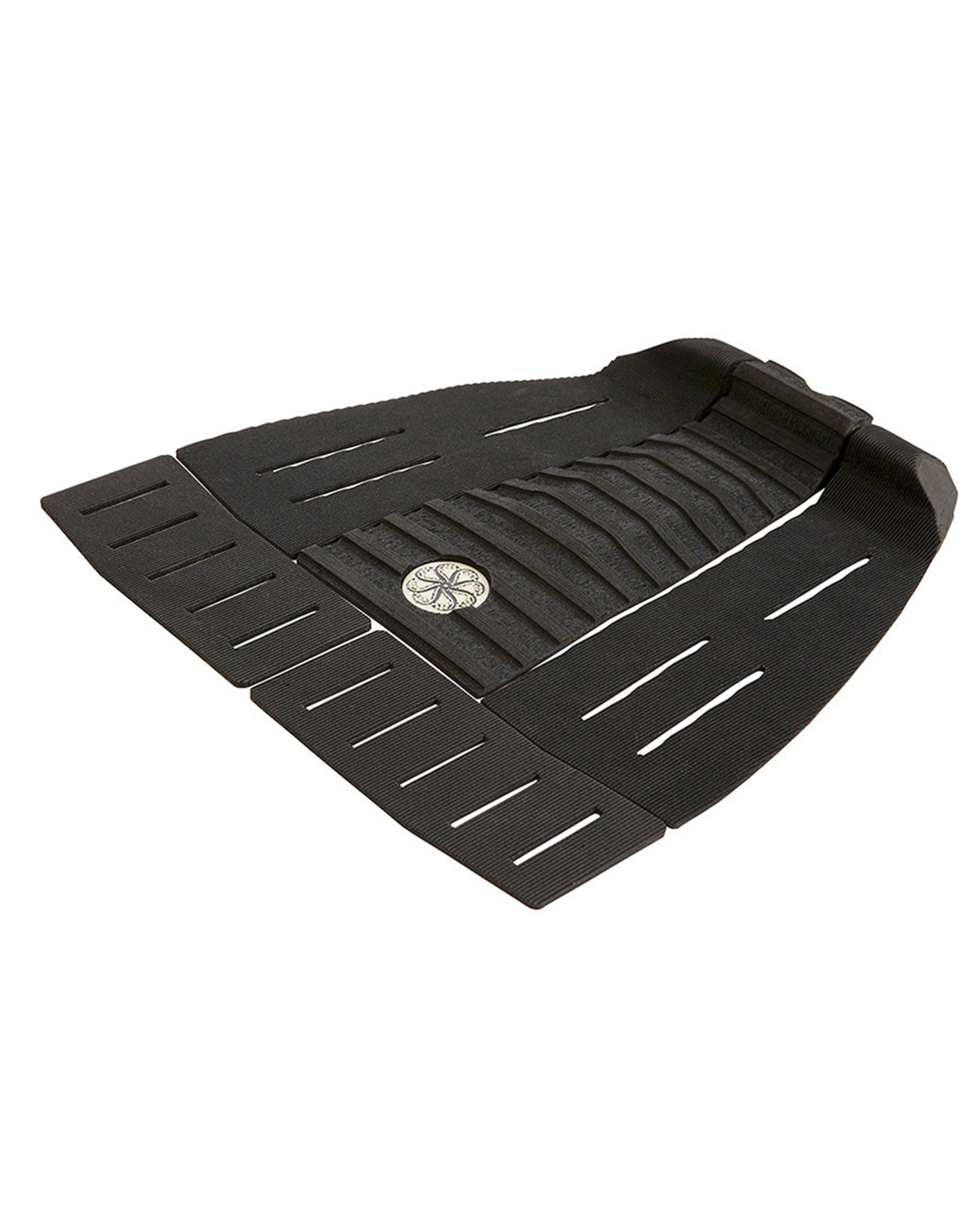 Angled view of black surfboard tail pad showing arch support and multi-panel layout
