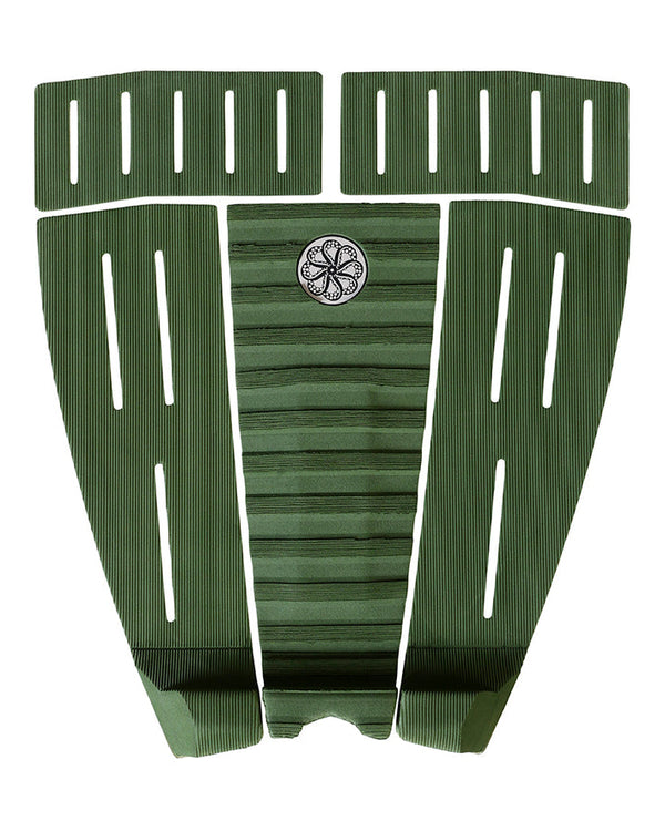 Olive green five-piece surfboard tail pad with grooved grip and central arch bar.