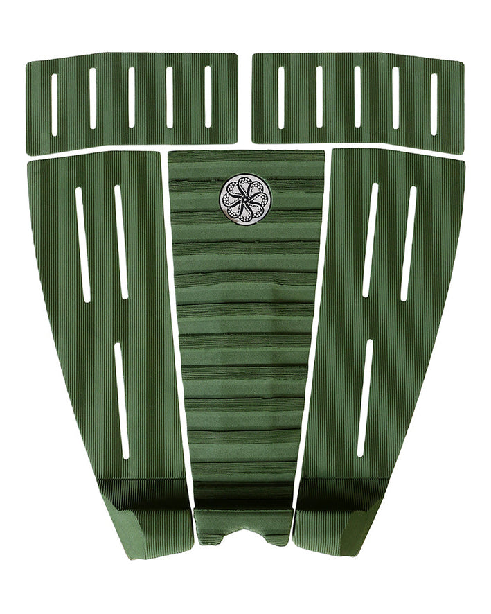 Olive green five-piece surfboard tail pad with grooved grip and central arch bar.