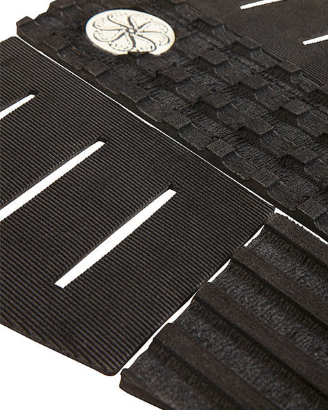 Close-up of grip pad showing ribbed texture, slotted grooves, and raised checkerboard arch bar.