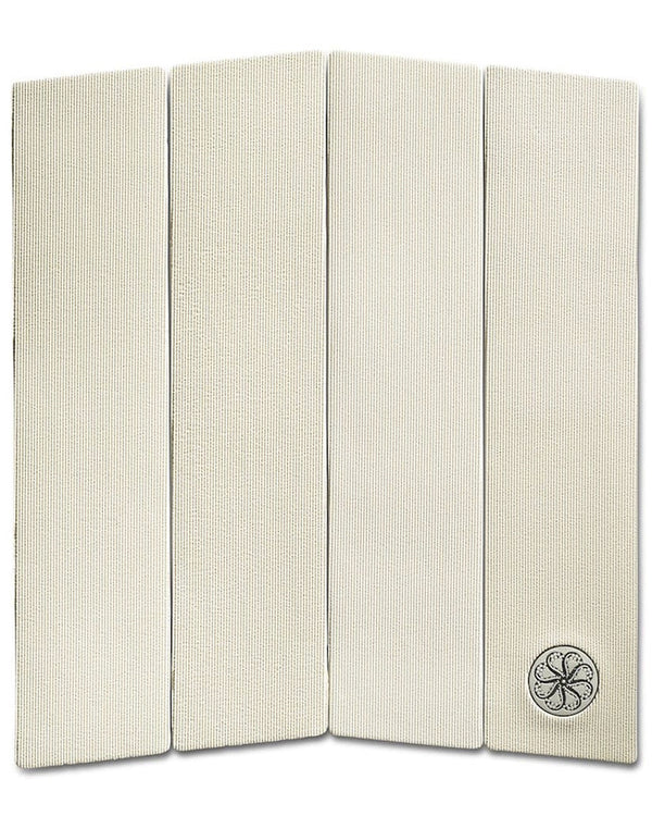 Four-piece white surfboard grip pad with ribbed texture and small logo on lower right panel.