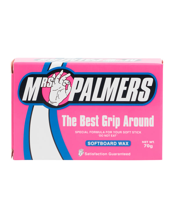 Mrs Palmers Softboard Wax 70g in pink packaging, designed for maximum grip on soft-top surfboards.
