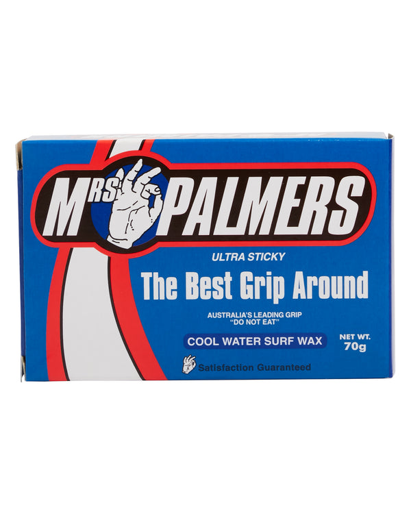 Mrs Palmers Cool Water Surf Wax 70g with ultra sticky formula, ideal for cool water temps and max grip.