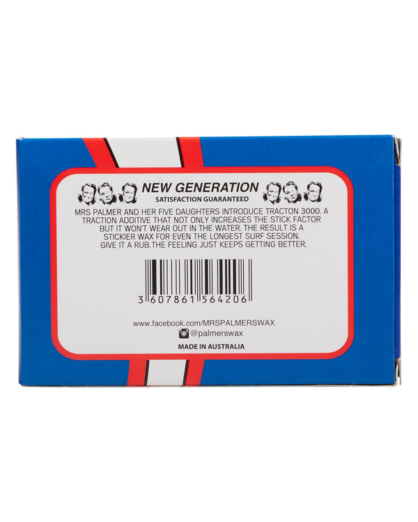 Back of Mrs Palmers Cool Water Surf Wax box with barcode, traction info and made in Australia label.