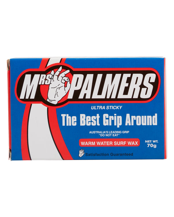 Mrs Palmers Warm Water Surf Wax 70g with ultra sticky grip, ideal for warm conditions and long surf sessions.