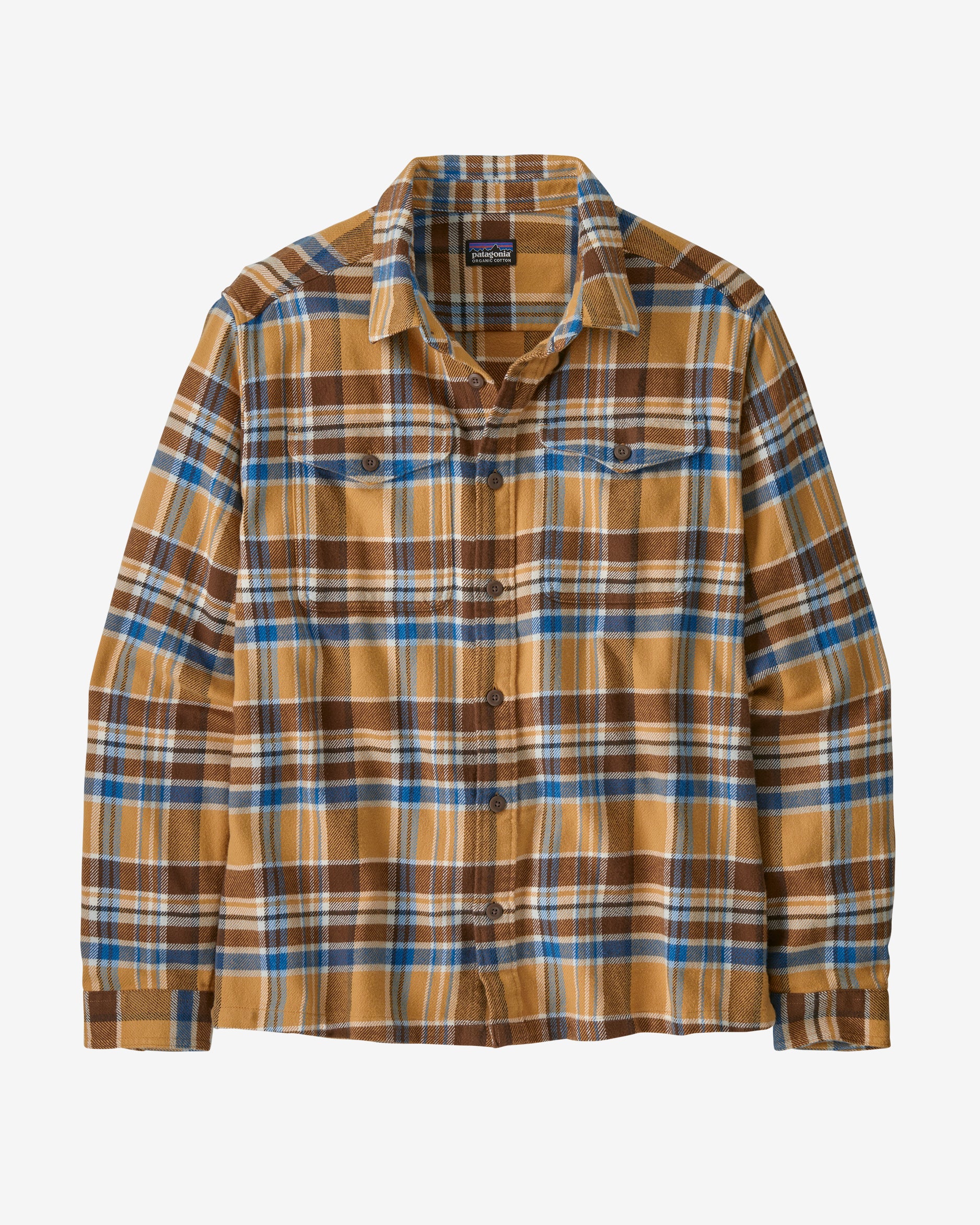 Mustard, brown, and blue plaid flannel shirt with button-up front, two chest pockets, and a collar, laid flat.
