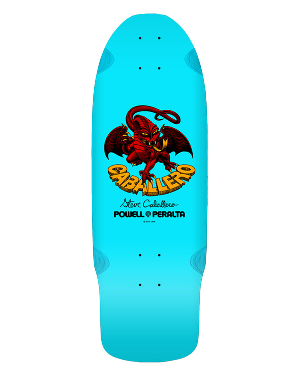 Powell Peralta Caballero skateboard deck in bright blue with red dragon graphic and yellow logo