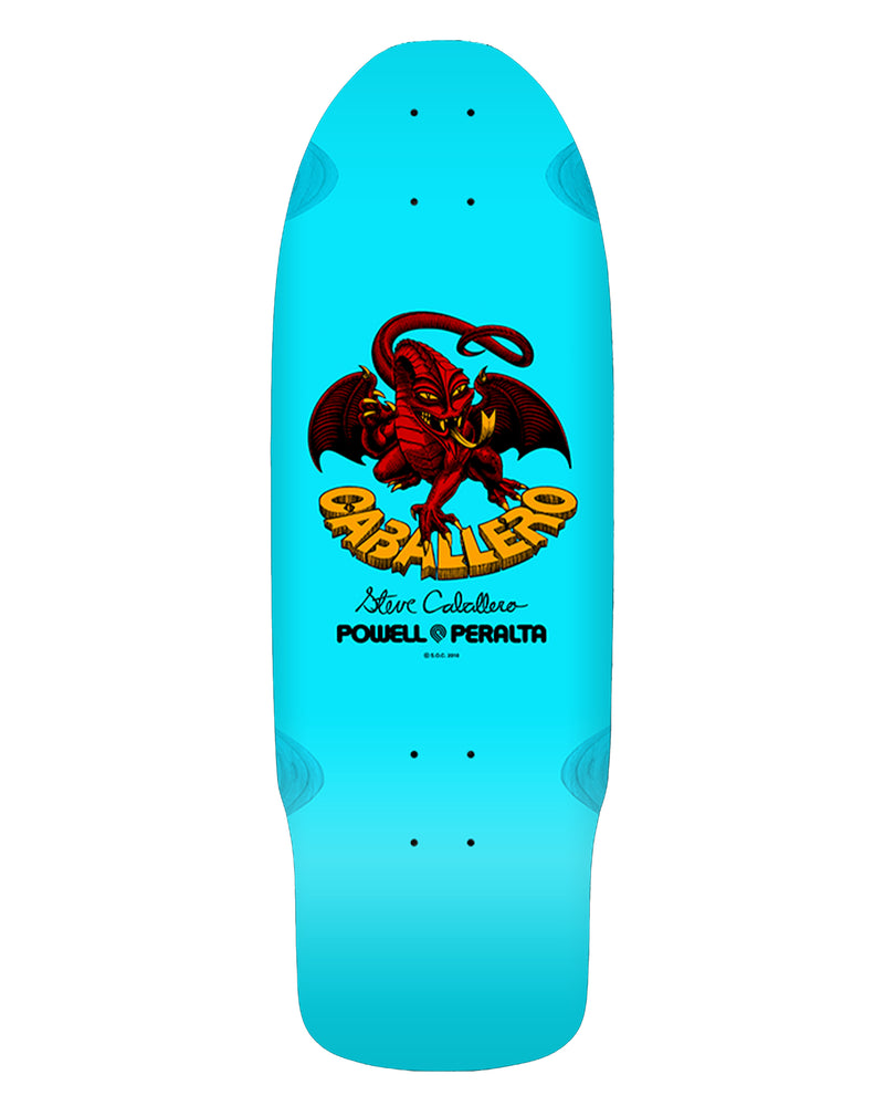 Powell Peralta Caballero skateboard deck in bright blue with red dragon graphic and yellow logo