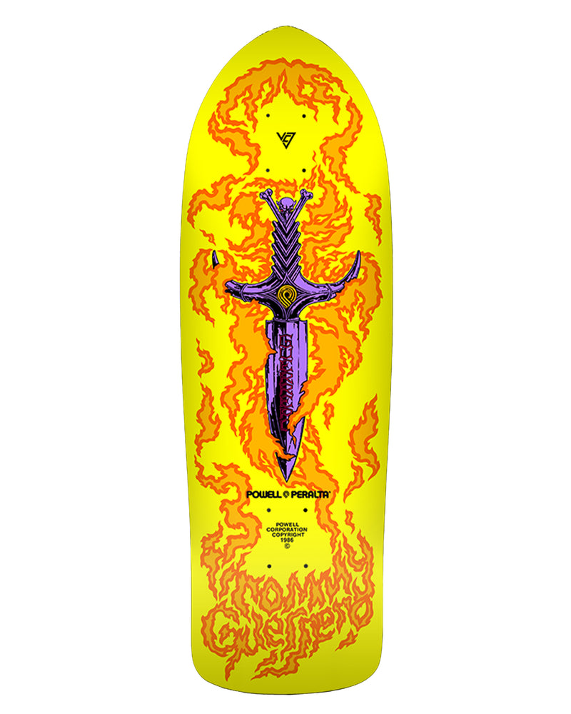 Powell Peralta Tommy Guerrero skateboard deck in yellow with flaming purple sword graphic and bold logo
