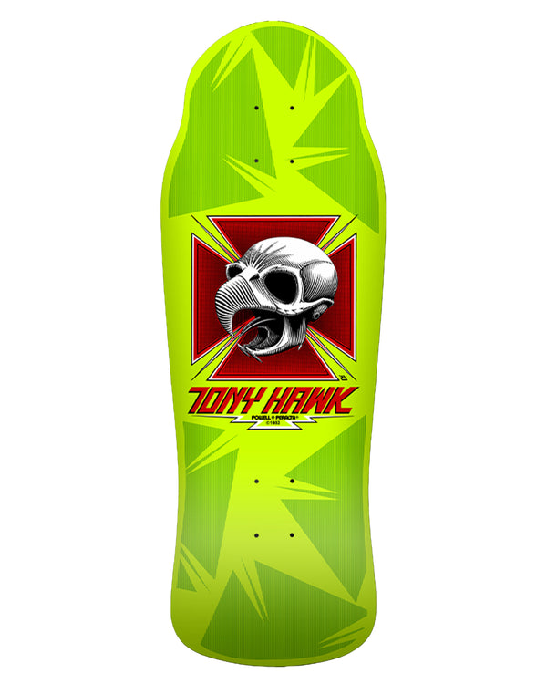 Powell Peralta Tony Hawk skateboard deck in bright green with red cross and skull graphic