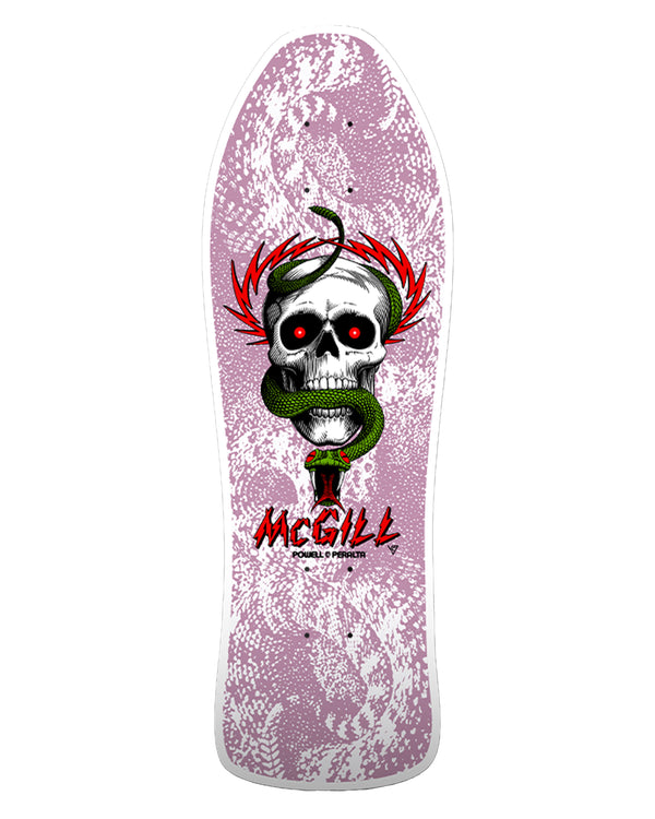 Powell Peralta McGill skateboard deck with skull and green snake graphic on a pink and white textured background