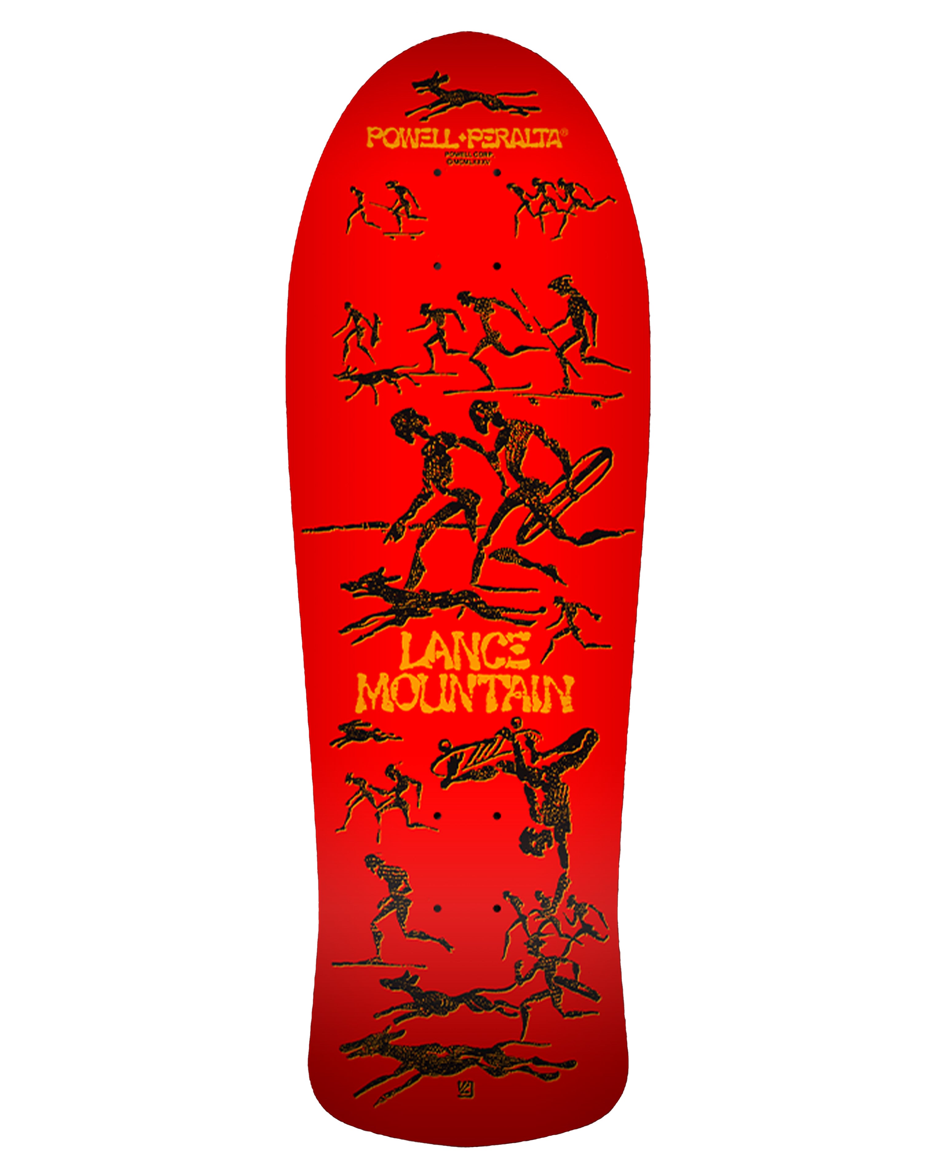Powell Peralta Lance Mountain skateboard deck in red with bold yellow logo and black skeleton artwork