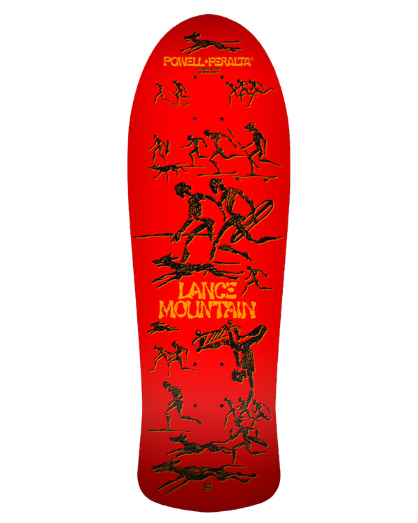 Powell Peralta Lance Mountain skateboard deck in red with bold yellow logo and black skeleton artwork