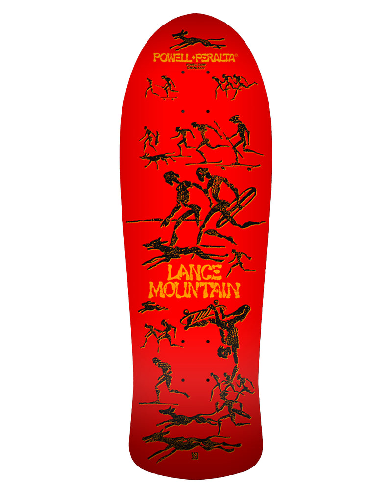 Powell Peralta Lance Mountain skateboard deck in red with bold yellow logo and black skeleton artwork