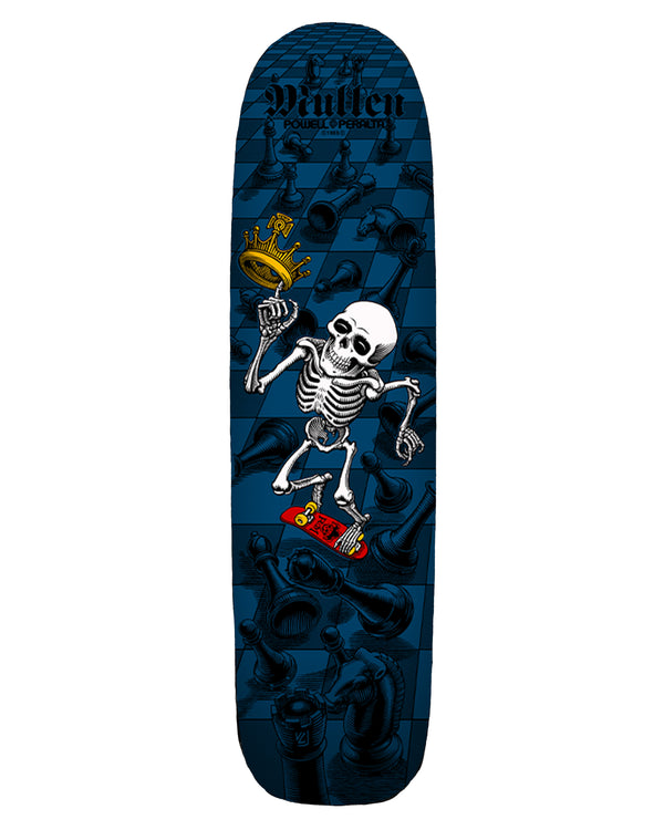 Powell Peralta Mullen skateboard deck with skeleton on a red board over a blue chessboard graphic.