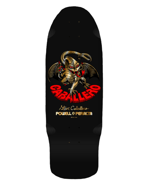 Powell Peralta Caballero skateboard deck with dragon graphic and red logo on a black background.