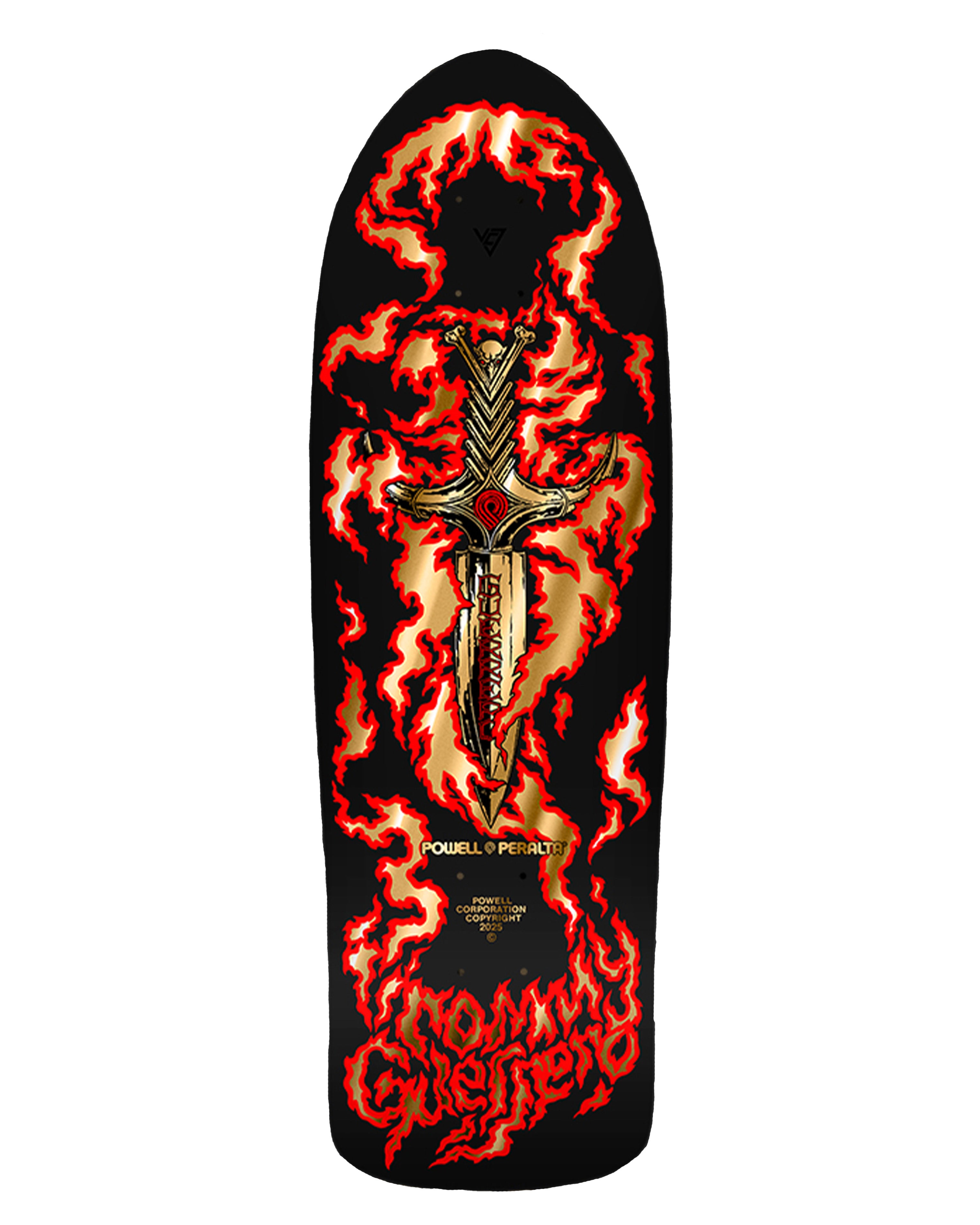 Powell Peralta Tommy Guerrero skateboard deck with flaming sword graphic on black background