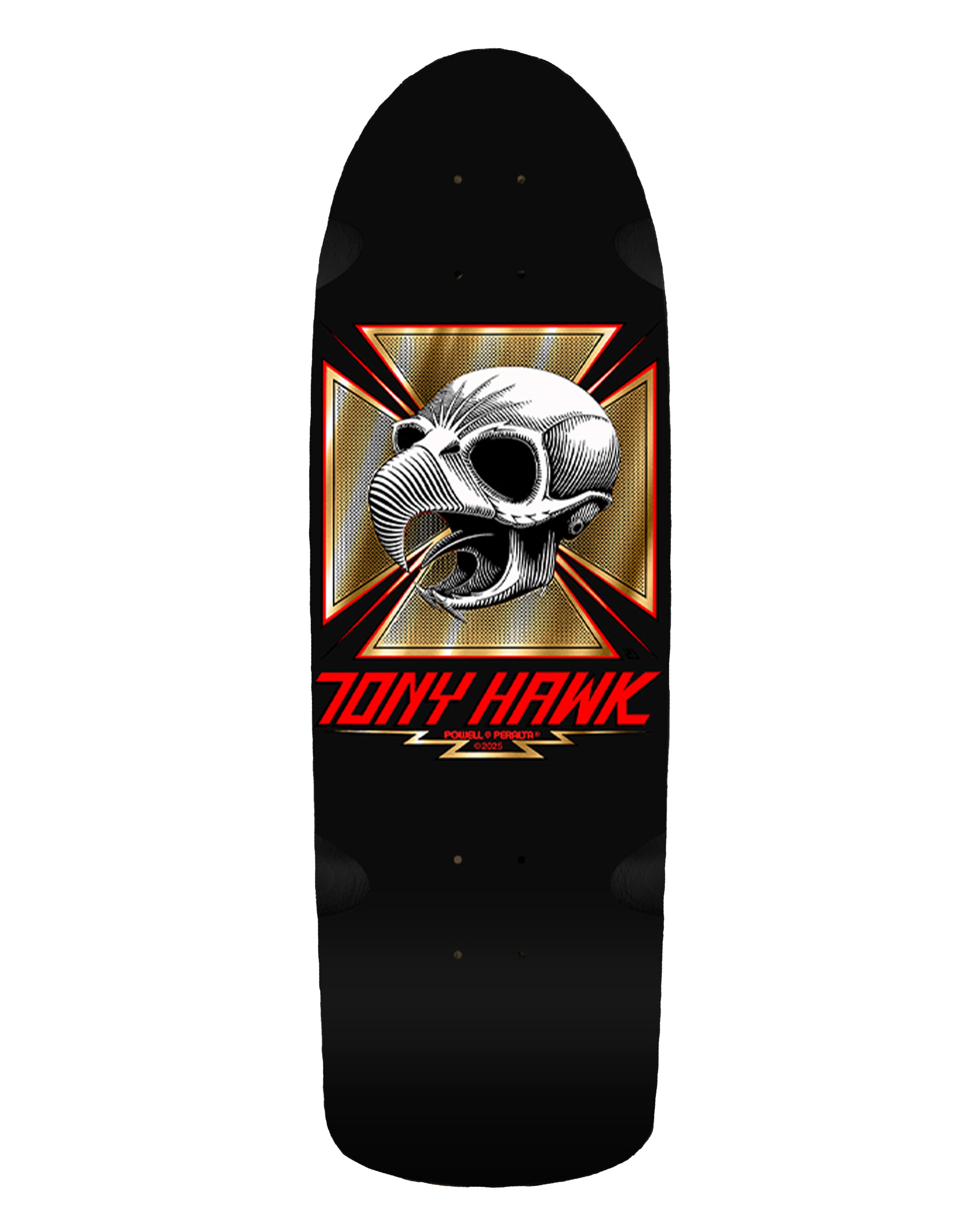 Tony Hawk Powell Peralta skateboard deck with metallic hawk skull graphic and red logo on black background