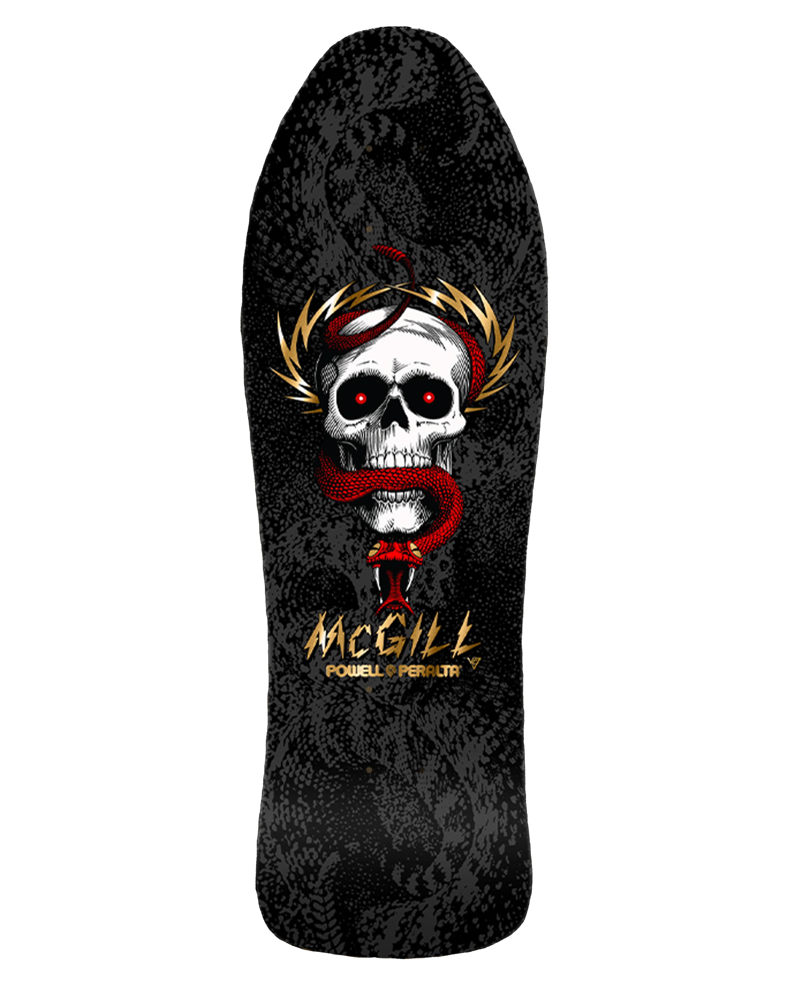 Powell Peralta McGill skateboard deck with red snake and skull graphic on a black textured background.
