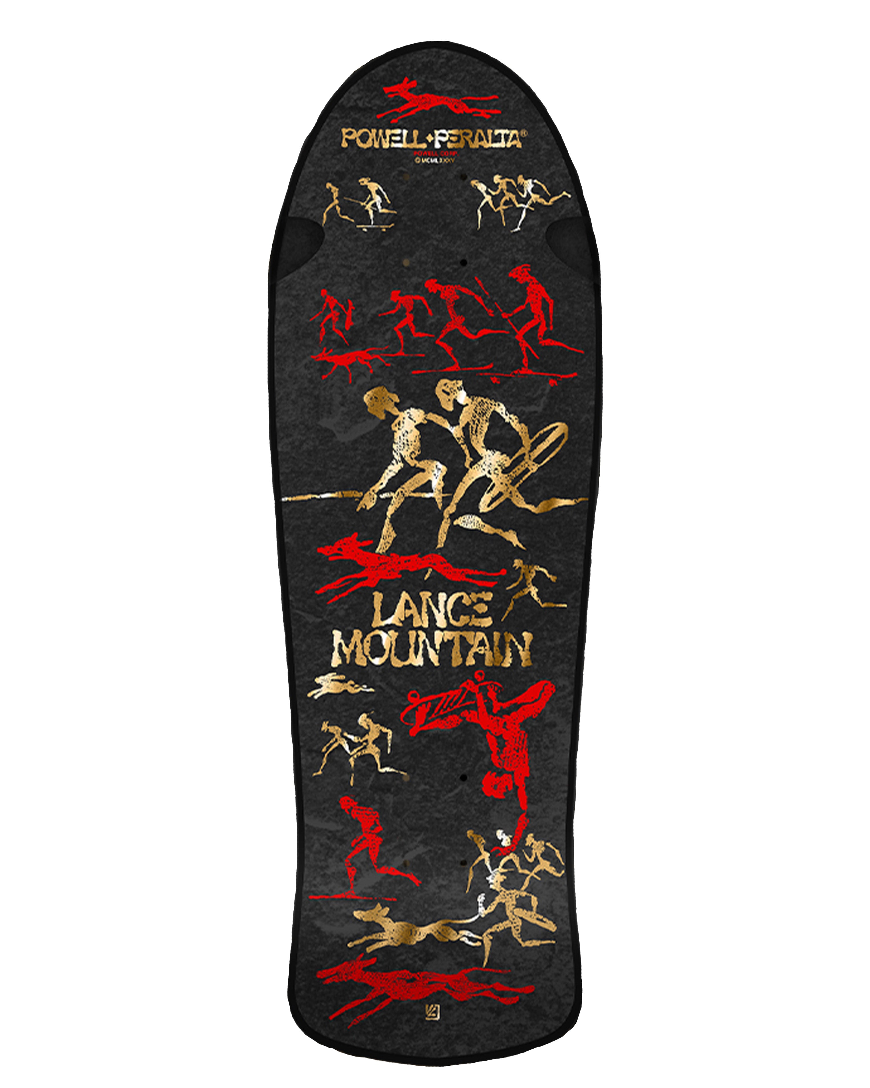 Powell Peralta Lance Mountain skateboard deck with red and gold skeleton artwork on a black background.